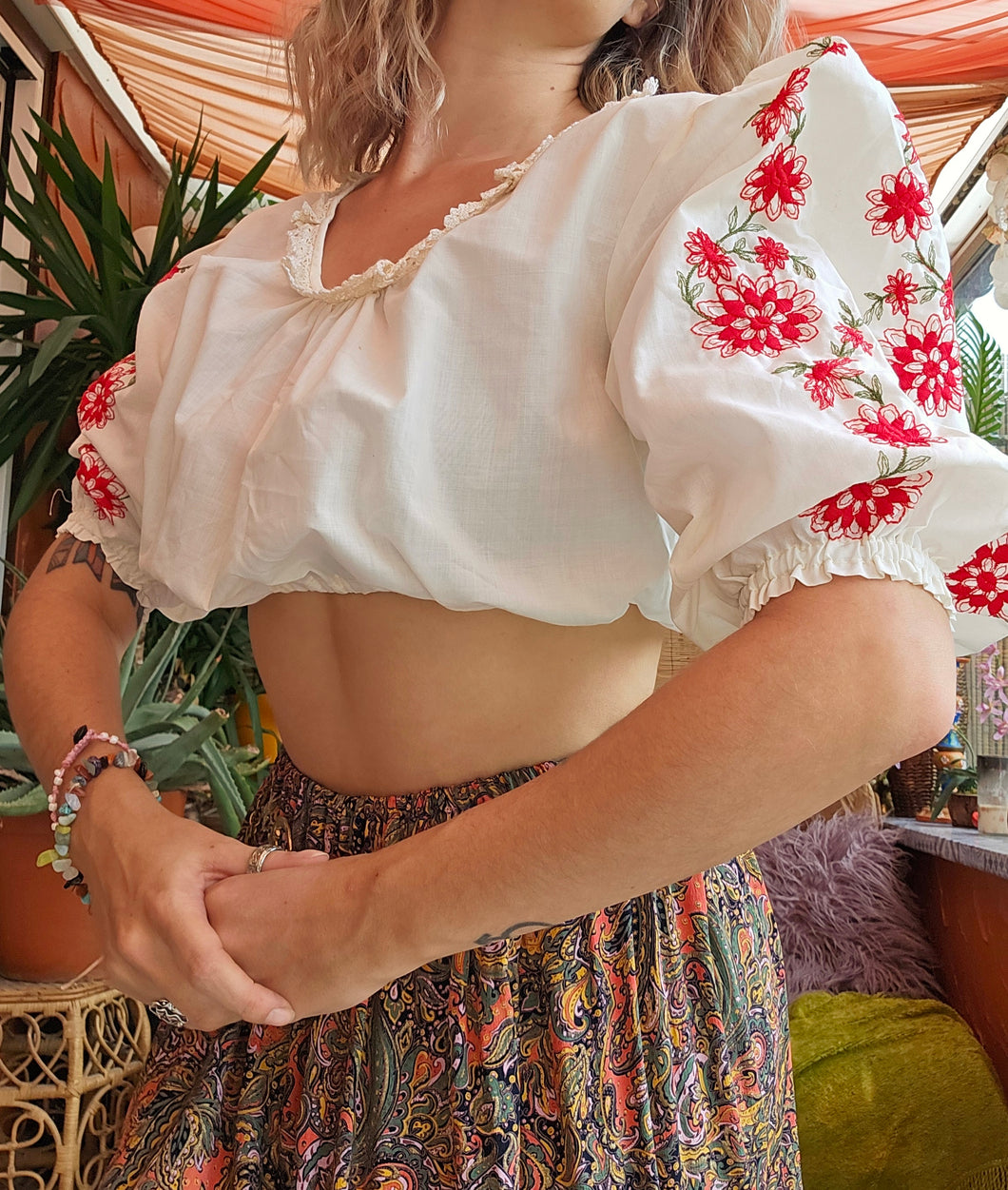 Vintage Embroidered Milkmaid Crop