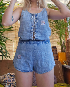 90s Lace Up Denim Romper