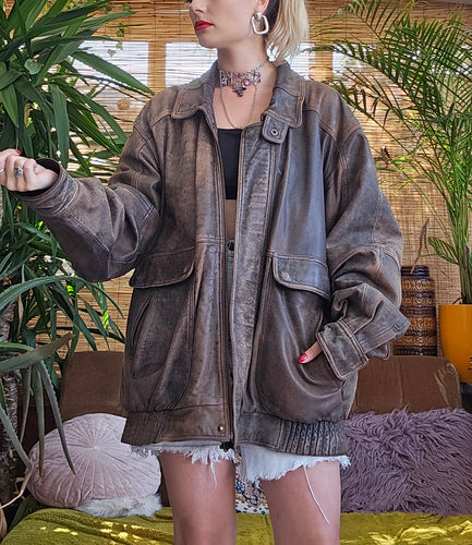 90s Distressed Leather Bomber