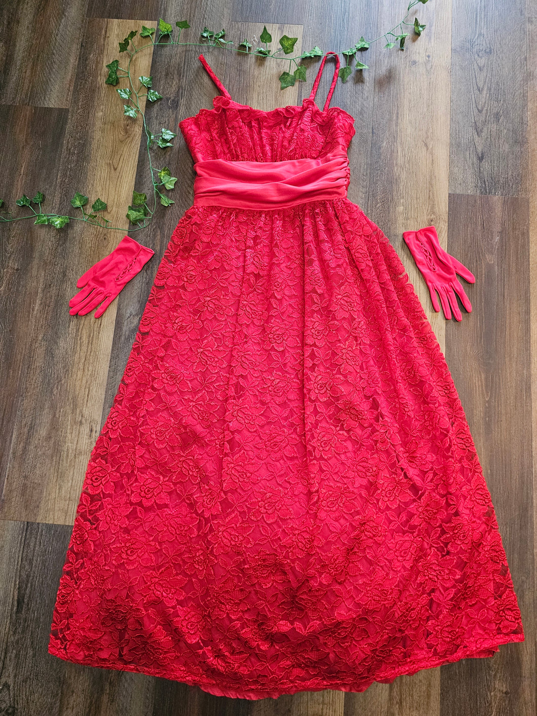 1970s Red Lace Milkmaid Gown