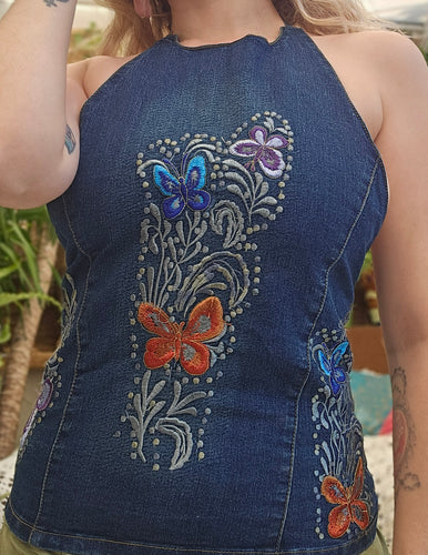 Y2K Denim Butterfly Halterneck Top