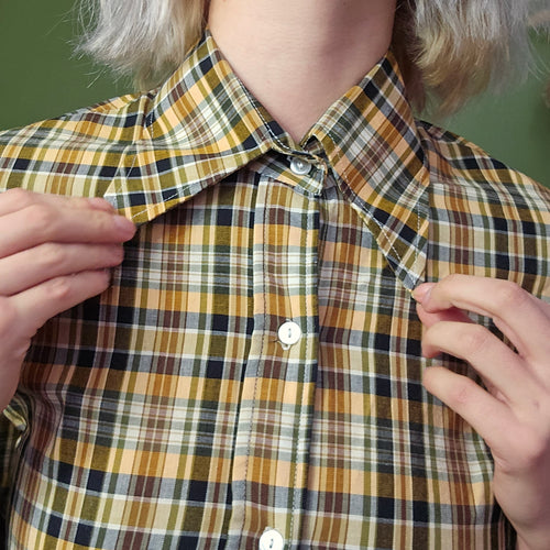 70s Cotton Plaid Dagger Blouse